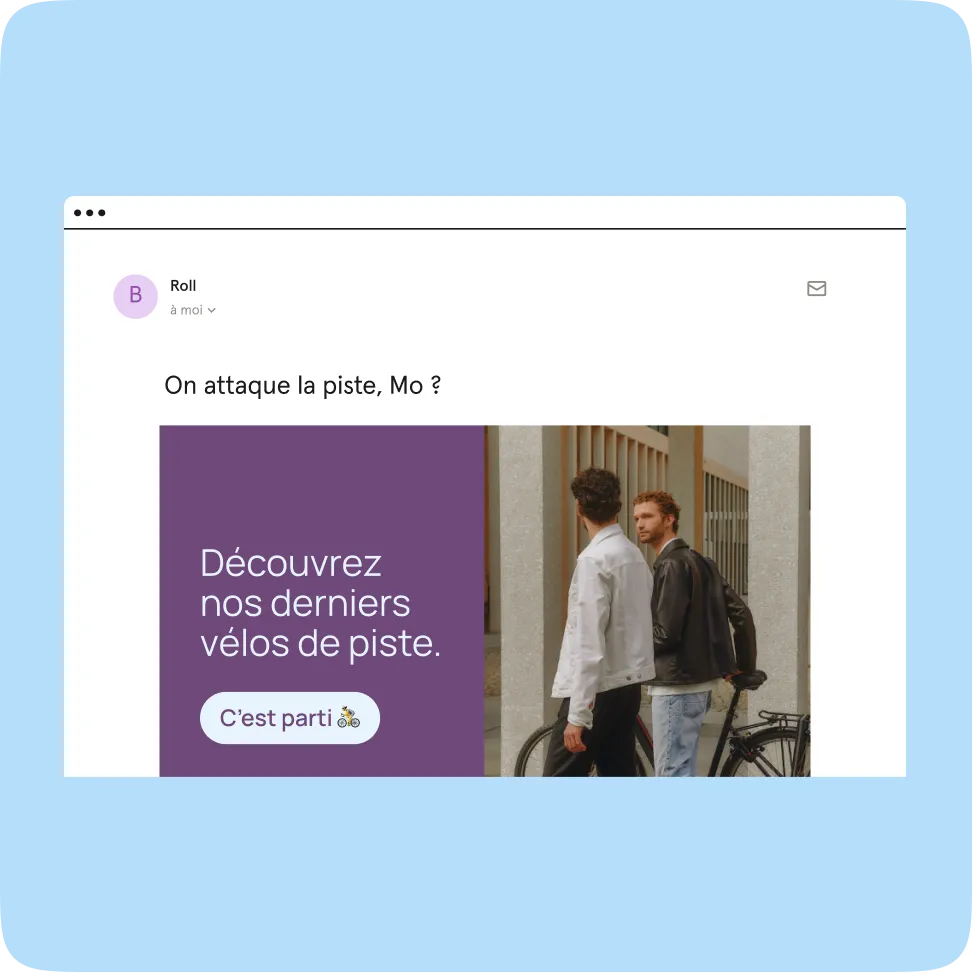 Email mockup promoting Roll track bikes with two men and a bicycle in the background