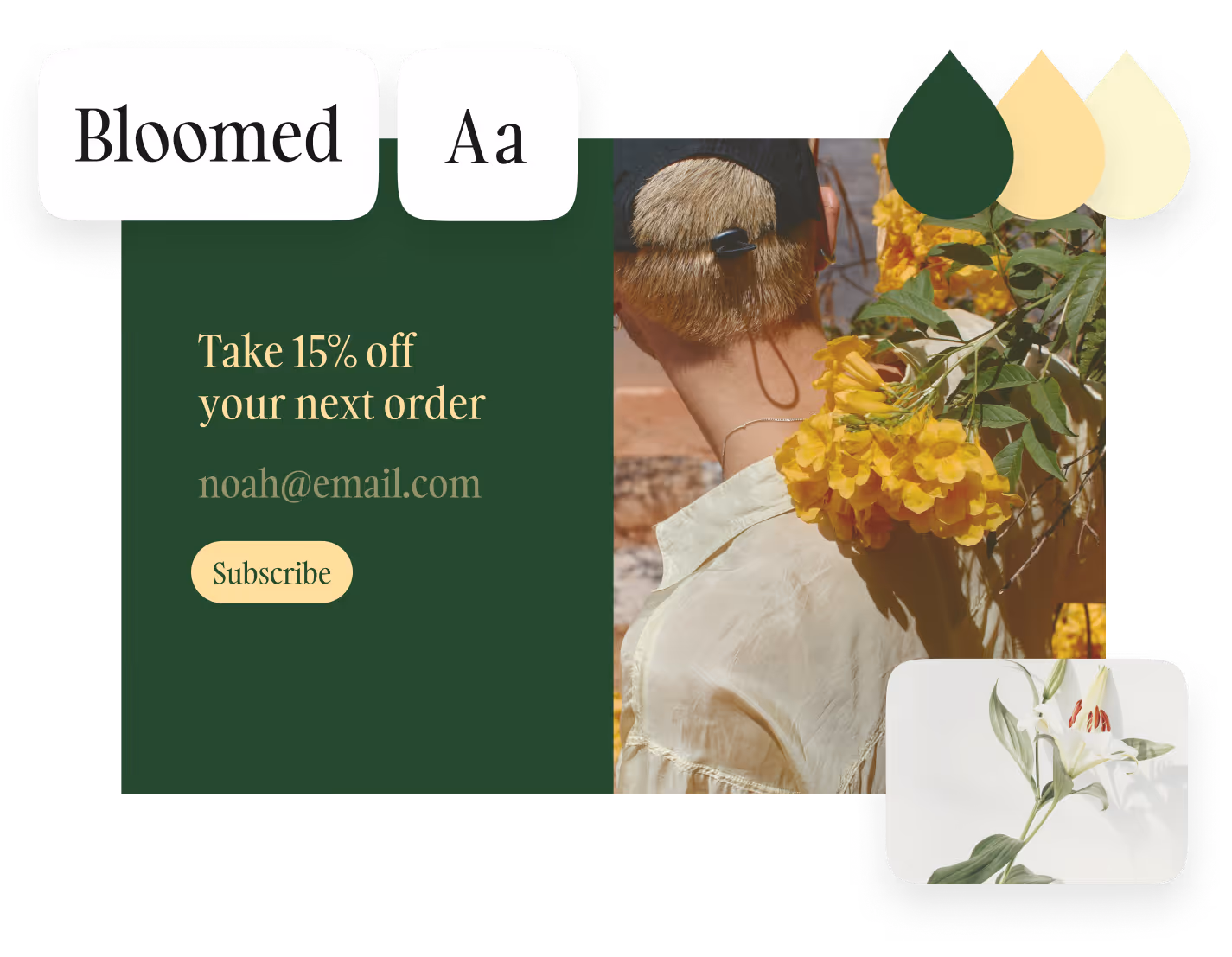 Bloomed brand design mockup with typography, color palette, subscription form, and floral photography