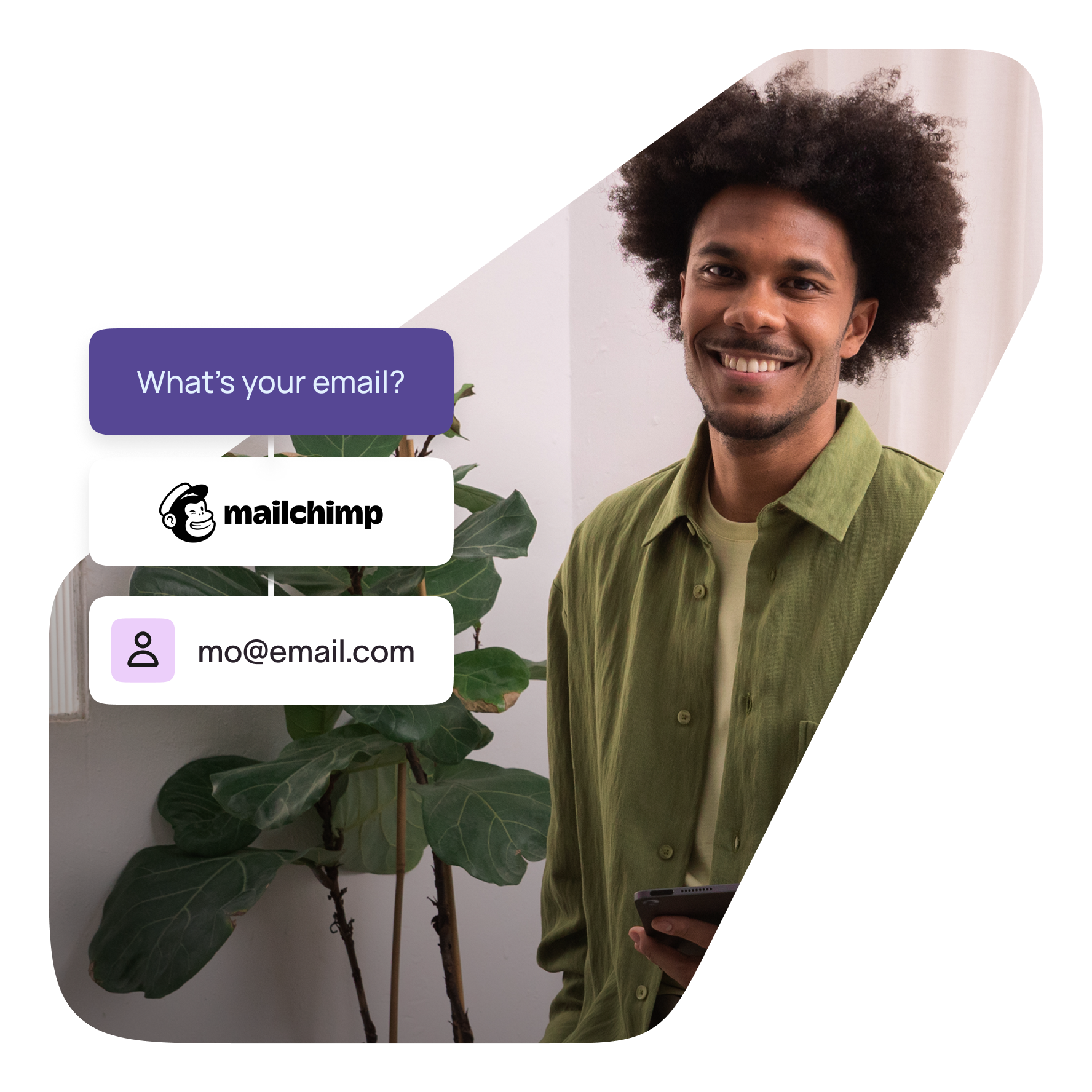 Smiling man next to a Mailchimp email capture form collecting subscriber addresses