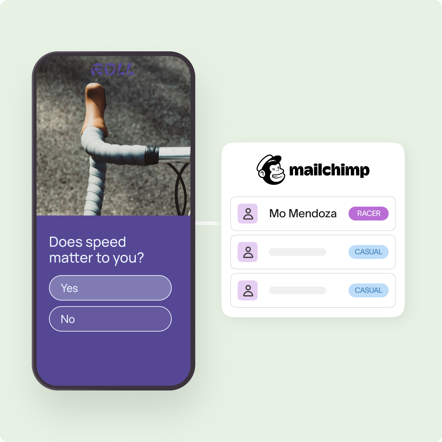 Mobile survey asking if speed matters with bike handlebar photo and Mailchimp contact list integration