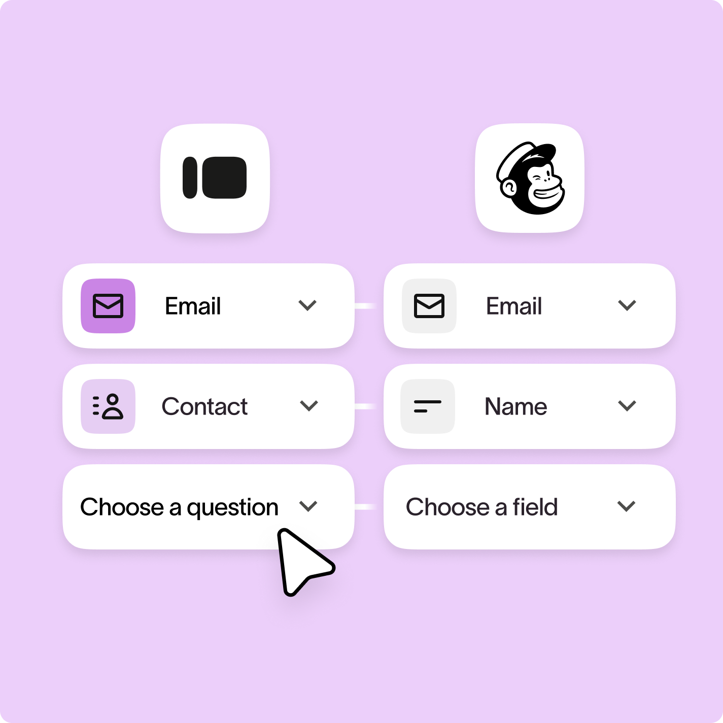 Typeform to Mailchimp field mapping interface showing email, contact, and name connections