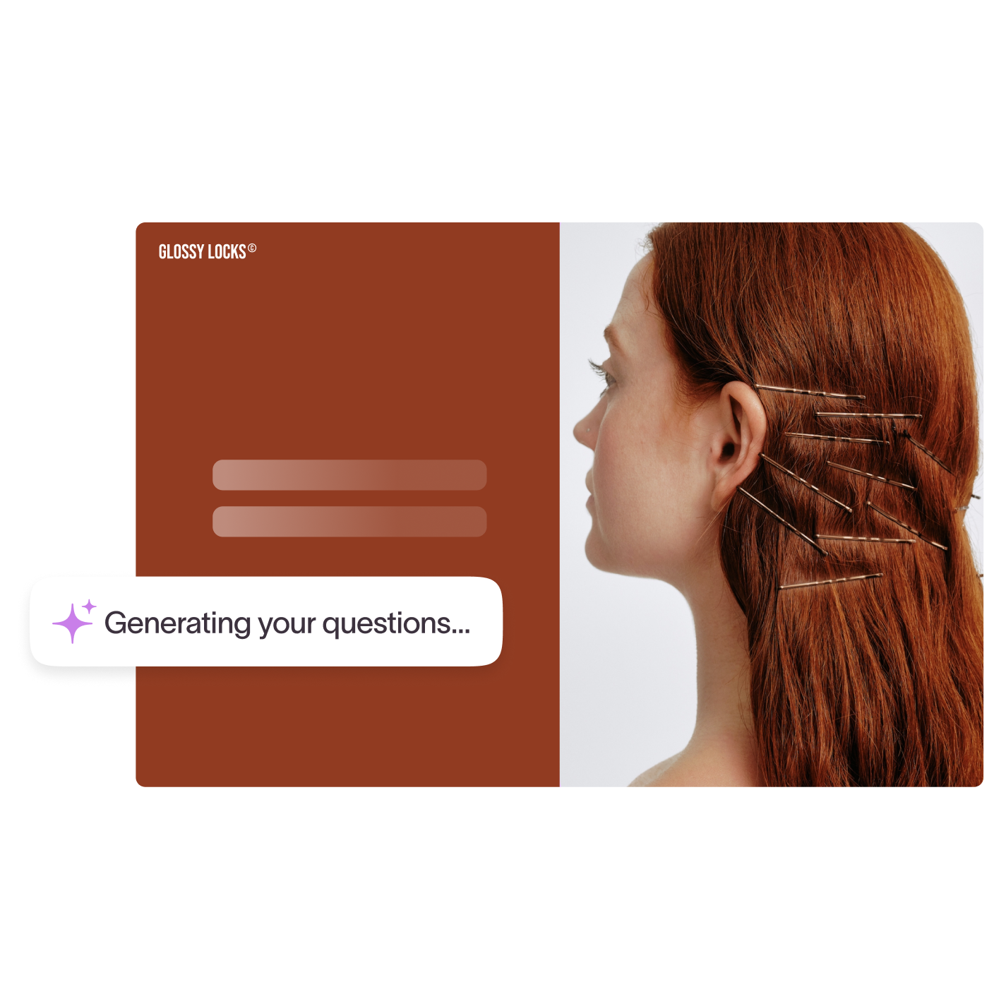 Glossy Locks form builder generating questions alongside a woman with red hair and bobby pins