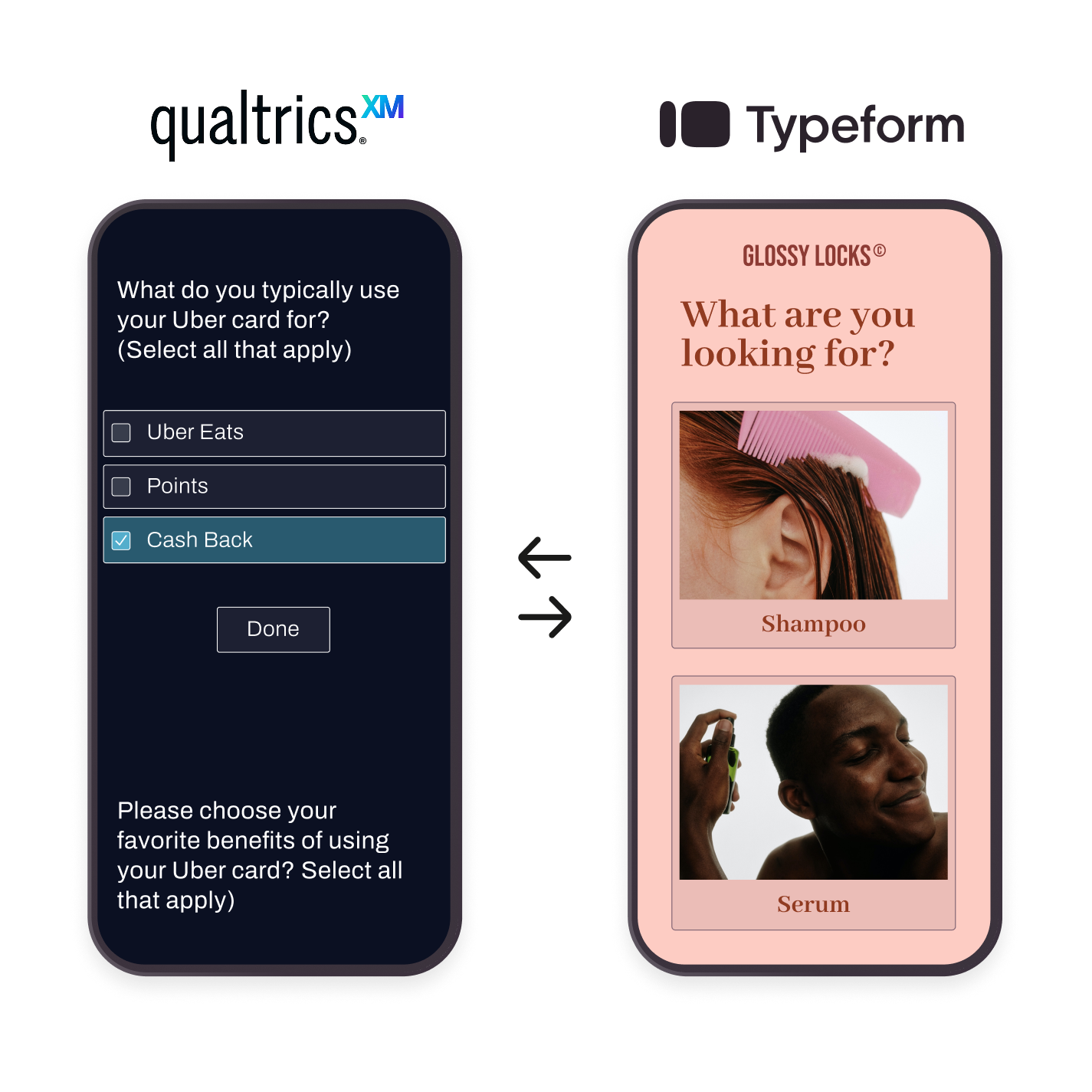 Side-by-side comparison of Qualtrics and Typeform survey interfaces on mobile devices