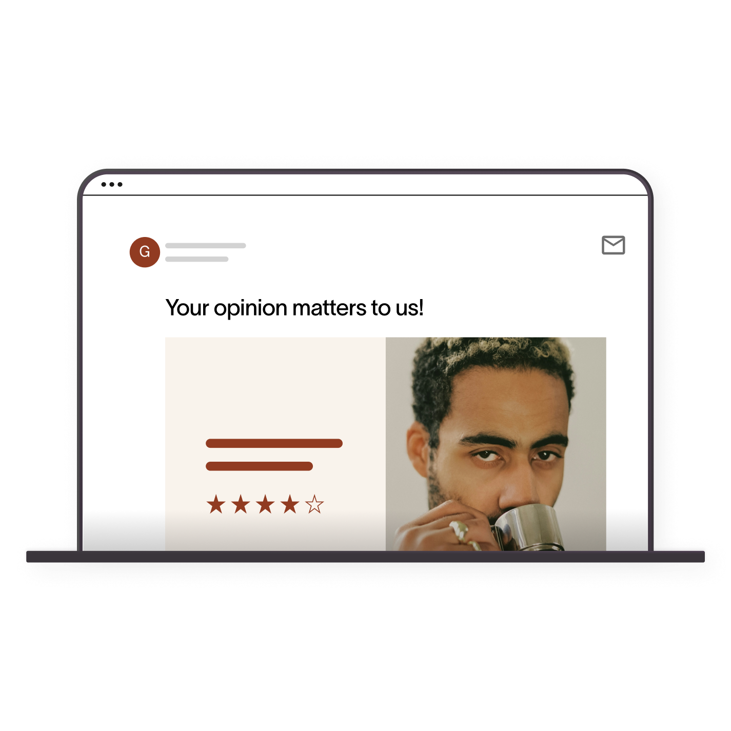 Laptop mockup showing email survey with star rating and man drinking from a mug