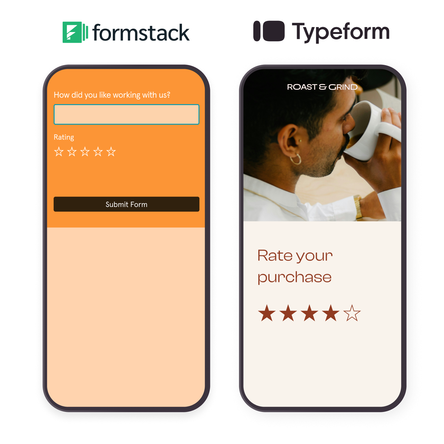 Formstack and Typeform comparison showing rating form and purchase review interfaces on phones