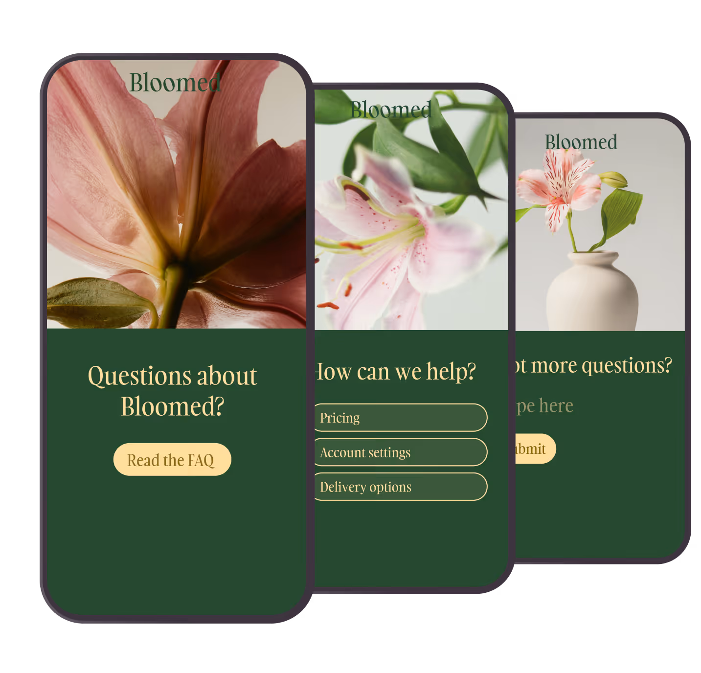 Three Bloomed app screens on dark background with FAQ, help center, and support question flows