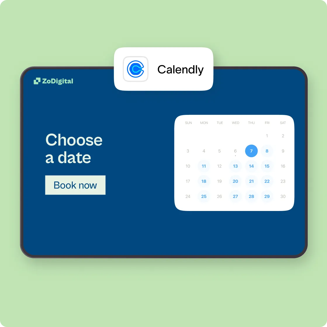 ZoDigital Calendly integration on tablet showing date picker calendar with book now button on blue background