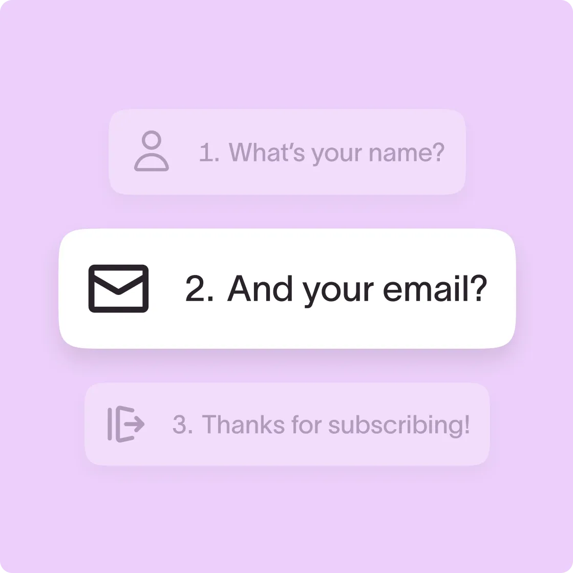 Three-step form flow showing name, email, and subscription confirmation steps on purple background