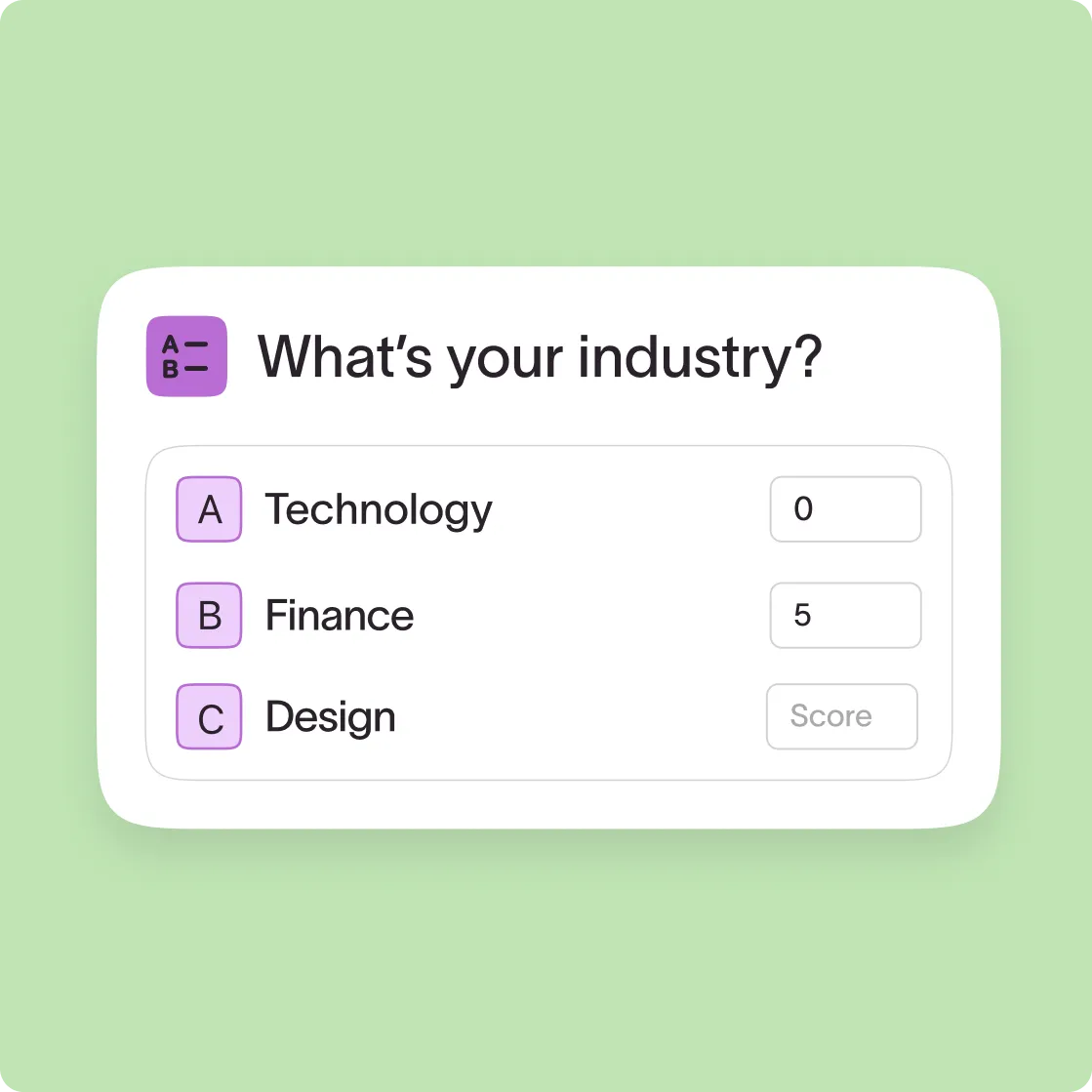 Industry selection survey card with Technology, Finance, and Design options and scoring on green background