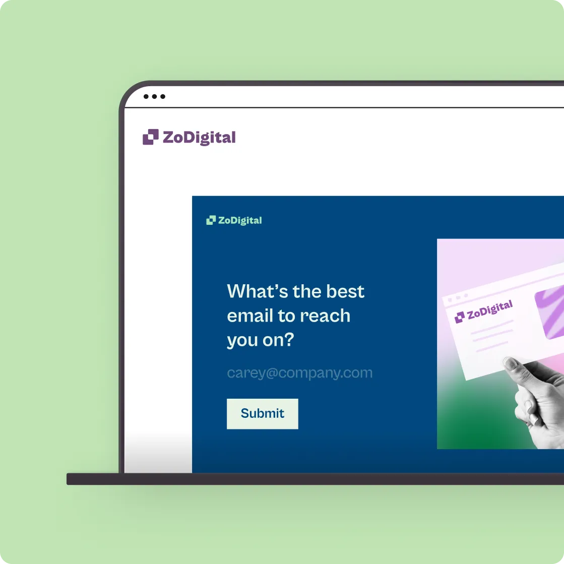 ZoDigital email capture form on laptop showing email input field with submit button on blue-green gradient