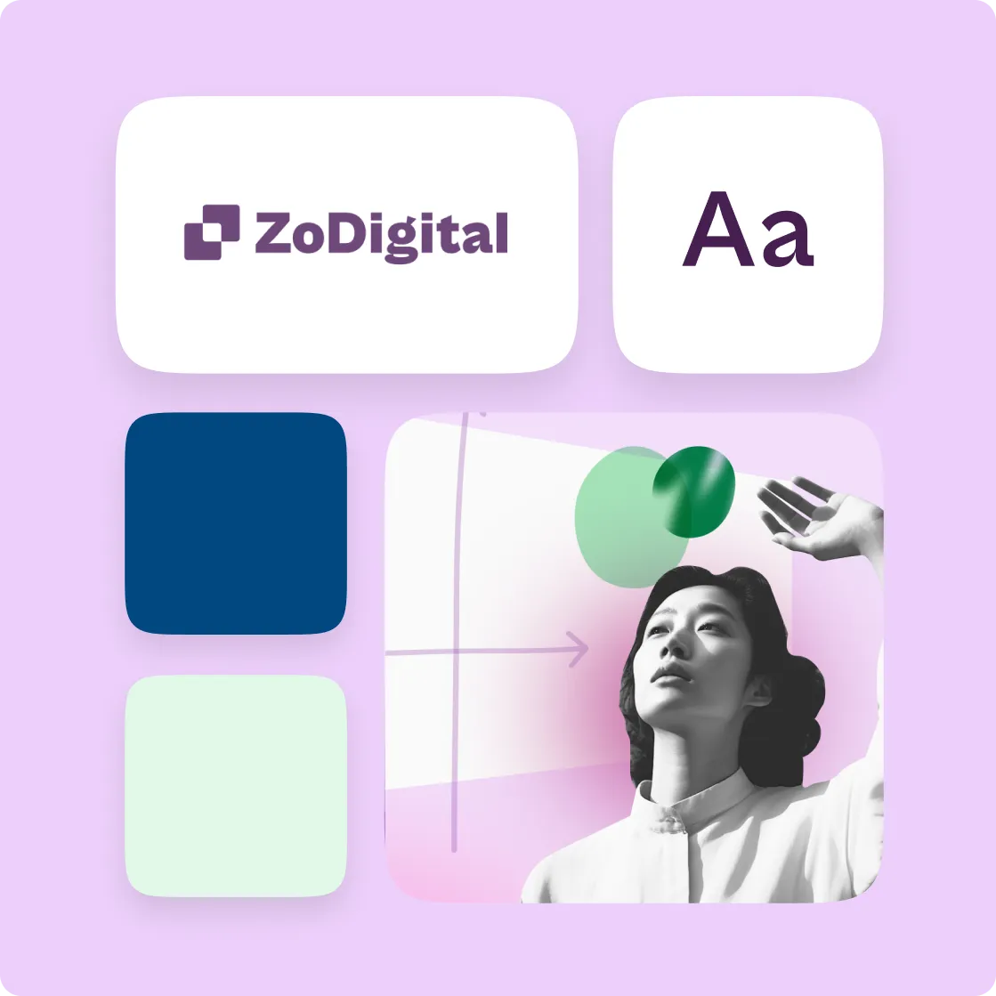ZoDigital brand design grid with logo, typography, color swatches, and woman with artistic collage elements