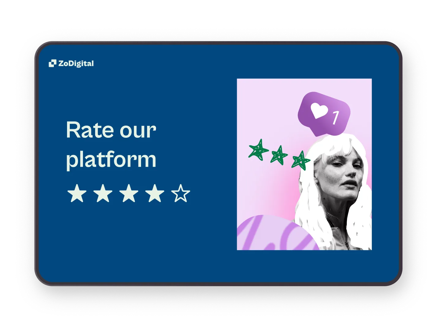 ZoDigital platform rating screen on tablet showing 4 out of 5 stars with woman portrait and heart notification