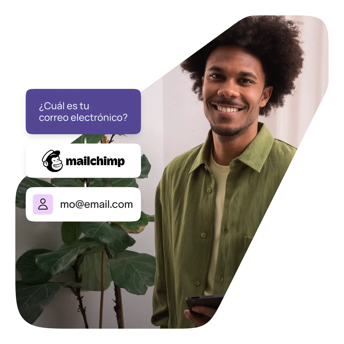 Smiling man with Mailchimp integration showing email collection and contact addition workflow