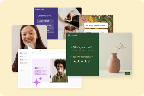 Collage of Typeform forms, surveys, and AI features with people