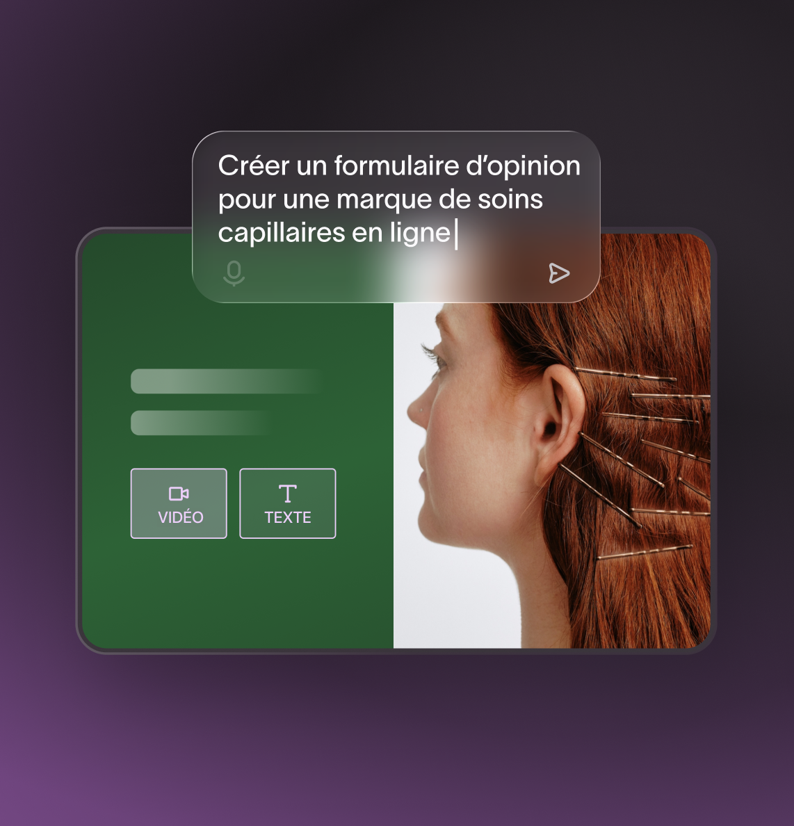 AI chat prompt in French to create a hair care brand feedback form with woman's profile photo