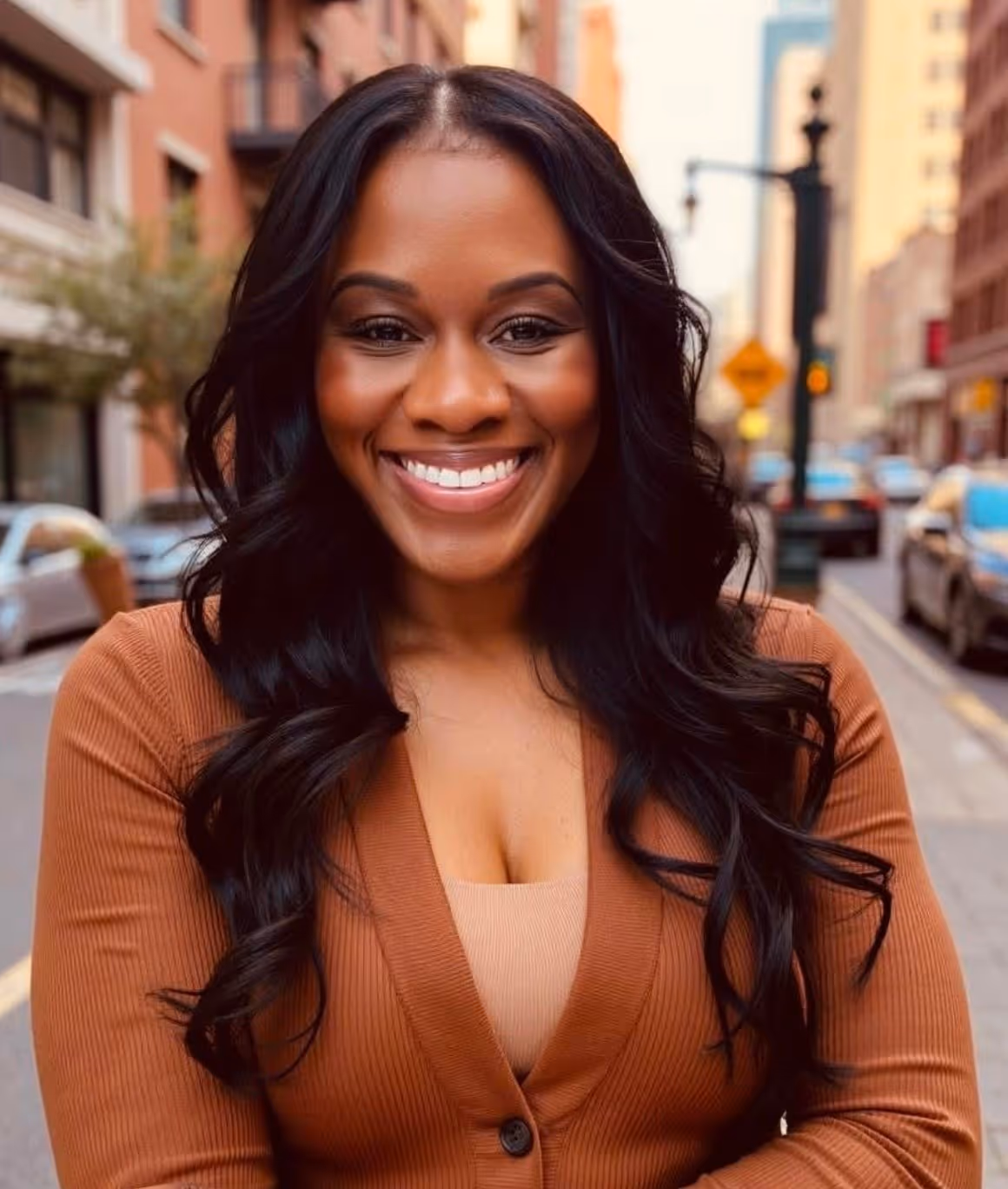 Headshot of Emmaka Porchea, a smiling woman with long dark hair wearing a brown top, on a city street