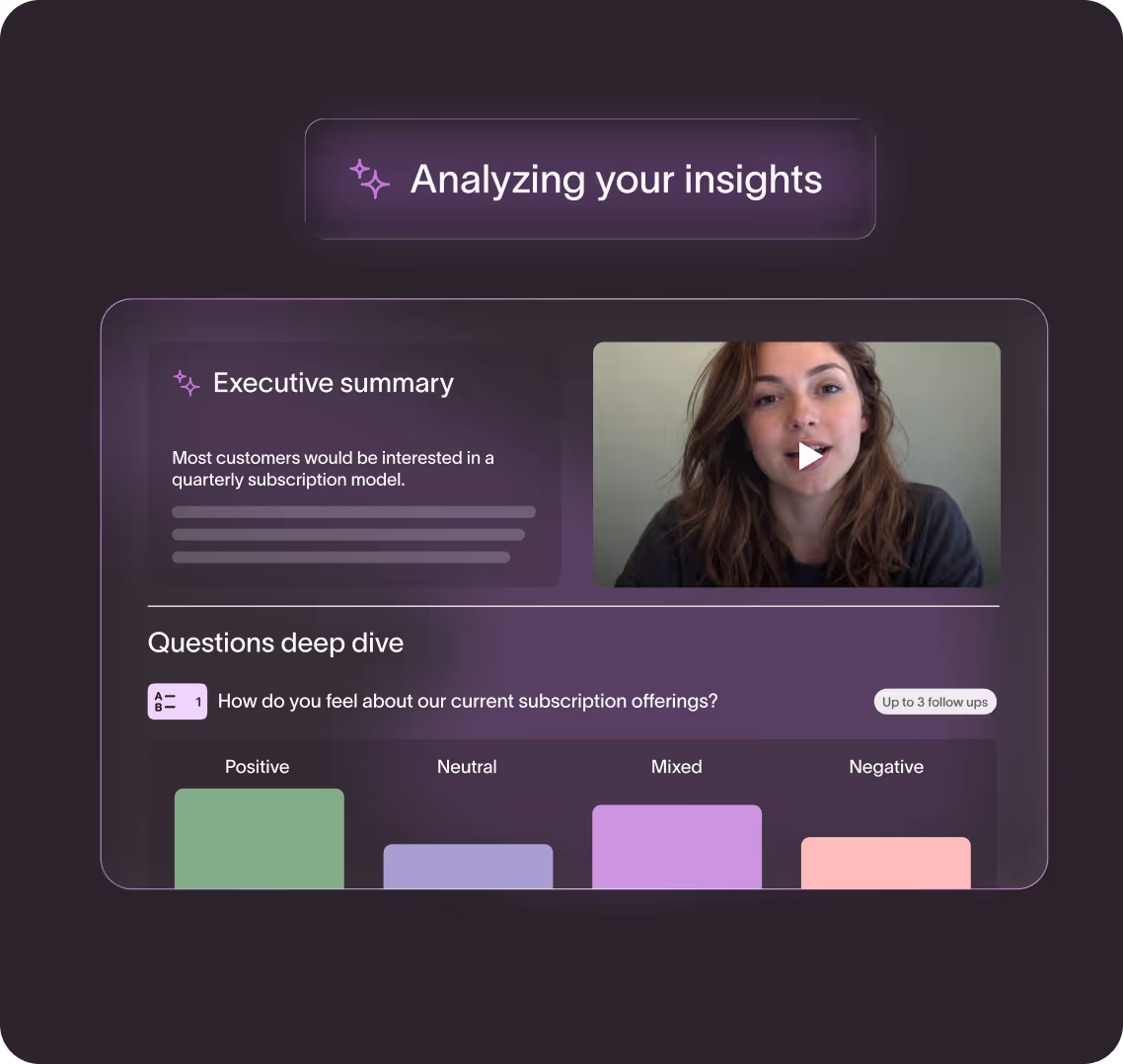 Dashboard showing AI-powered survey insight analysis with executive summary, video thumbnail, and sentiment breakdown charts