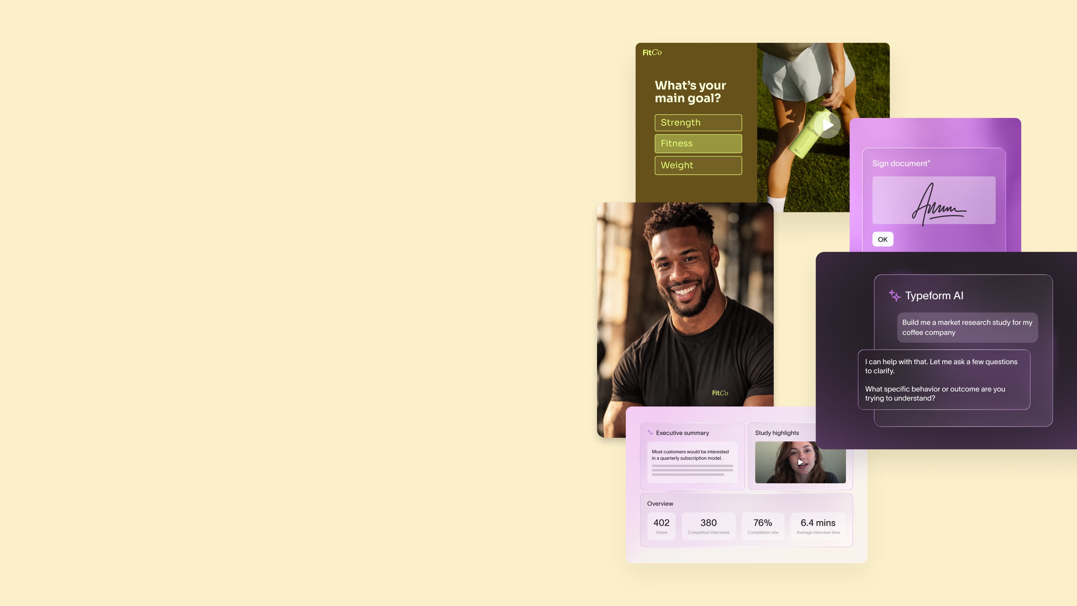 Collage featuring a person holding a water bottle near grass with fitness goals listed, a smiling man in a FitCo shirt, a digital signature box, and a Typeform AI chat about market research.