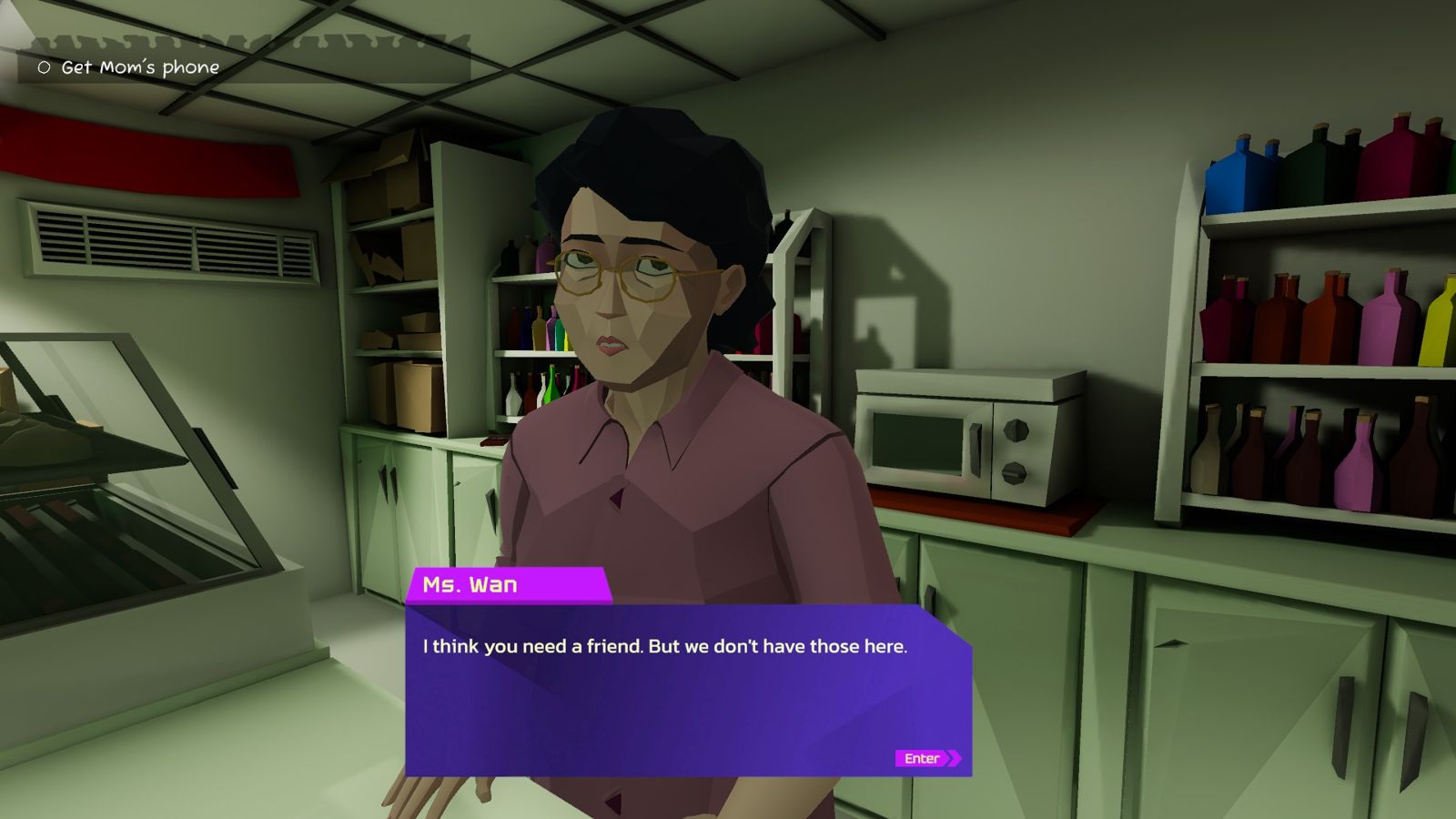 Game screenshot: Ms. Wan behind a shop counter. Her dialogue box reads: I think you need a friend. But we don't have those here.