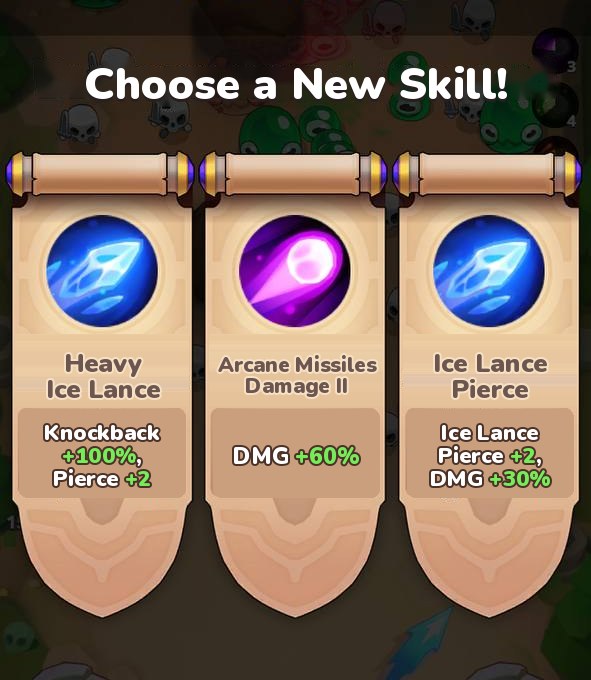Archmagic skill choice screen with three skill cards. The middle card, Arcane Missiles Damage II, reads DMG +60%.