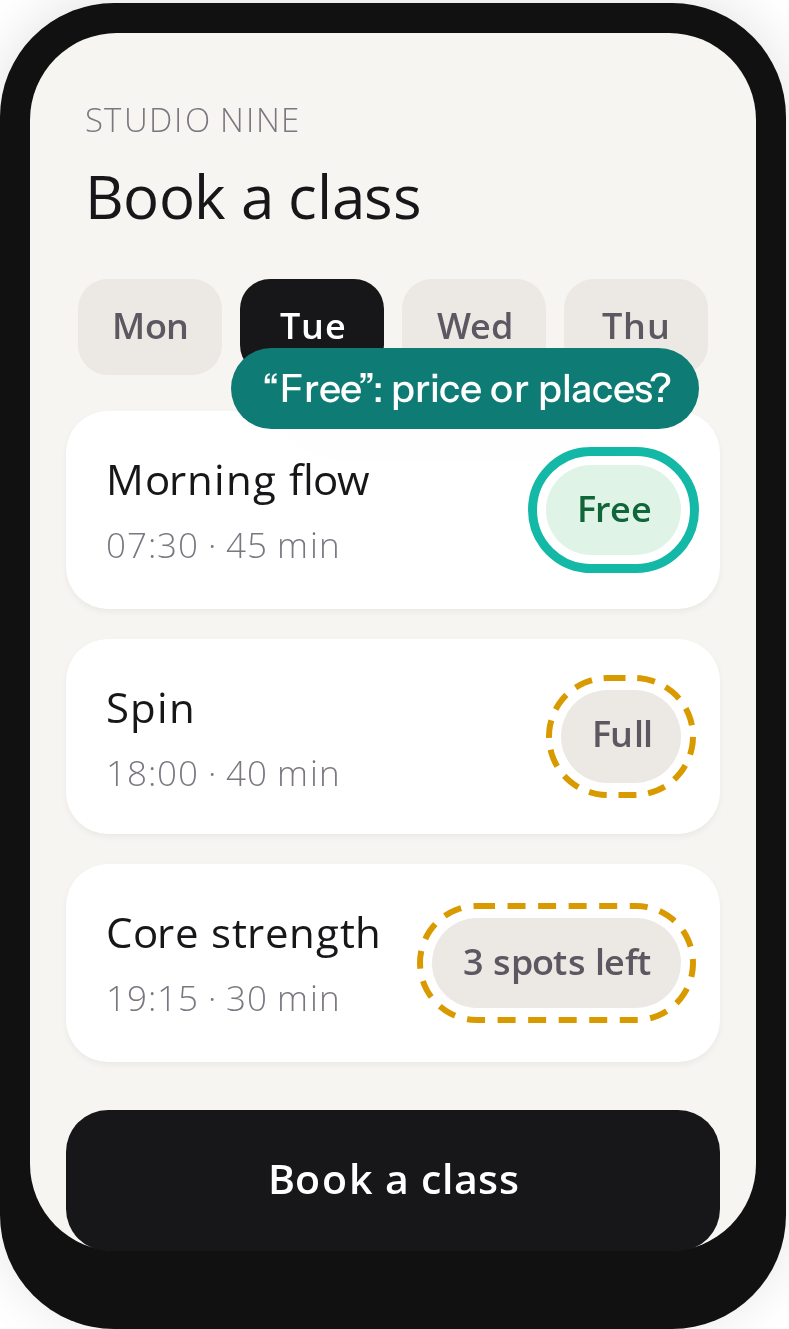 Studio Nine sample app: Book a class screen with time slots marked Free, Full and 3 spots left.