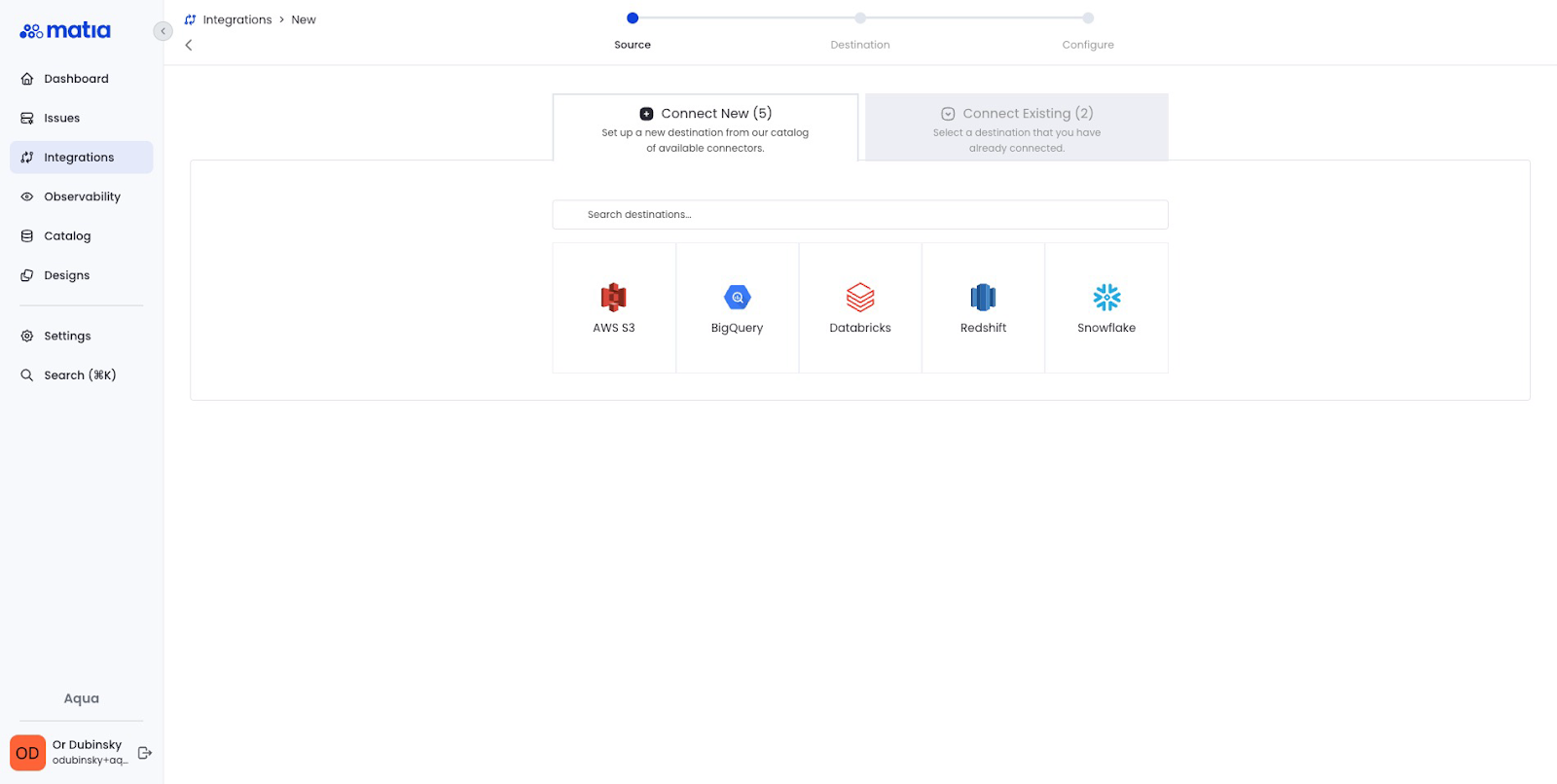 Matia Platform Integrations Page to Set up a Reverse ETL Source