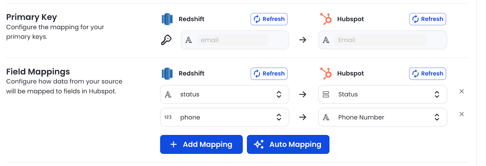 Matia field mapping in reverse etl. Shows mapping of Redshift to hubspot