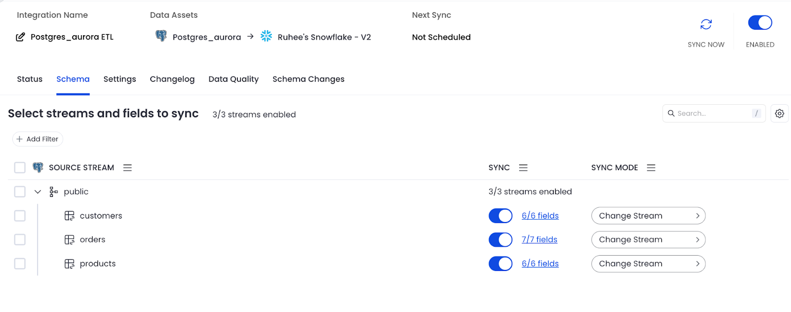 Matia UI showing postgres to Snowflake sync