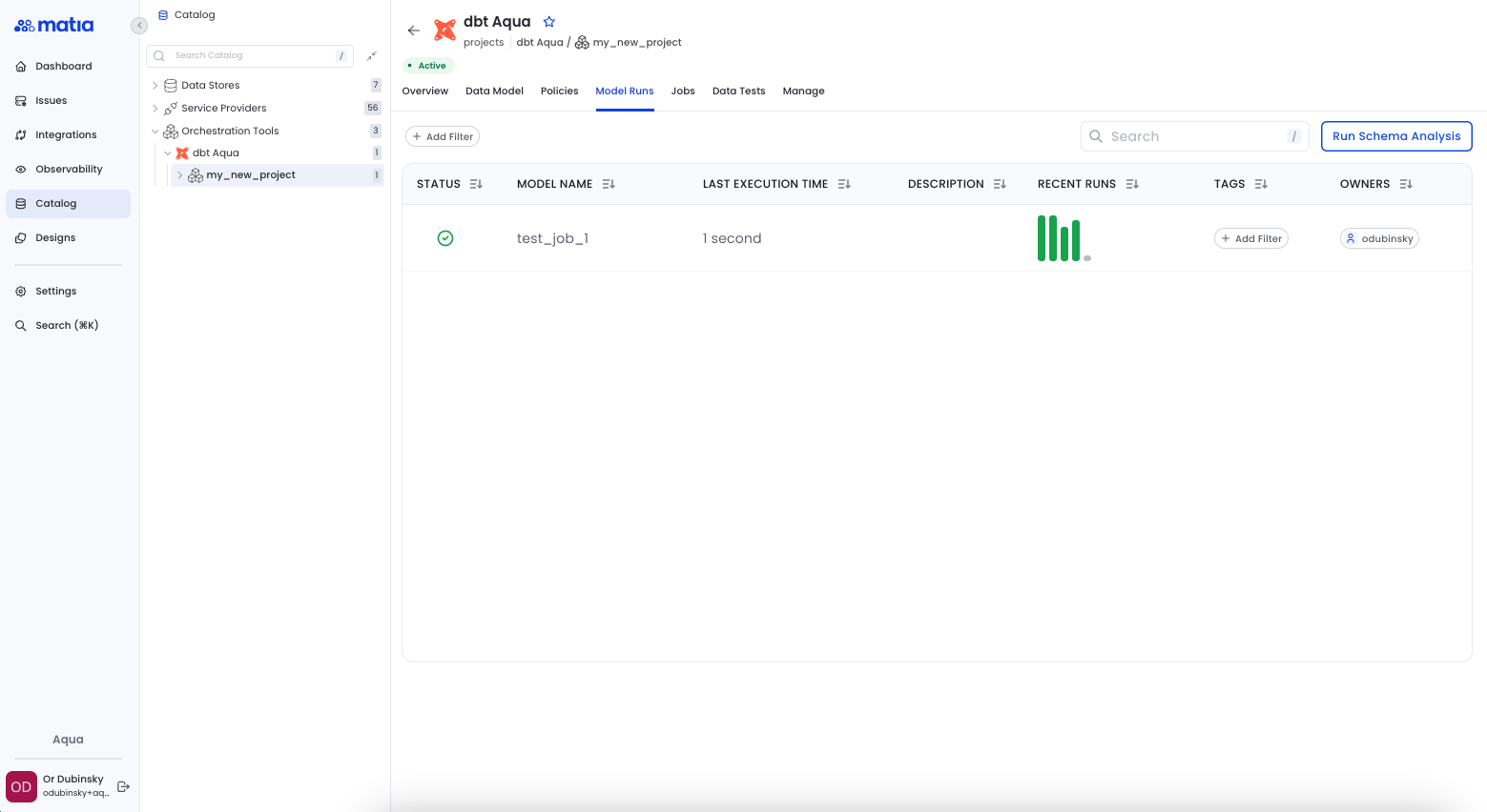 Matia UI shows dbt model runs and discovery