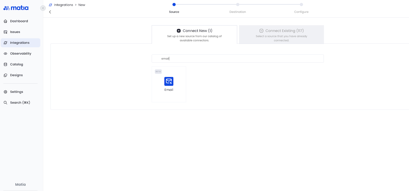 Creating a new email integration in Matia workspace with configuration options