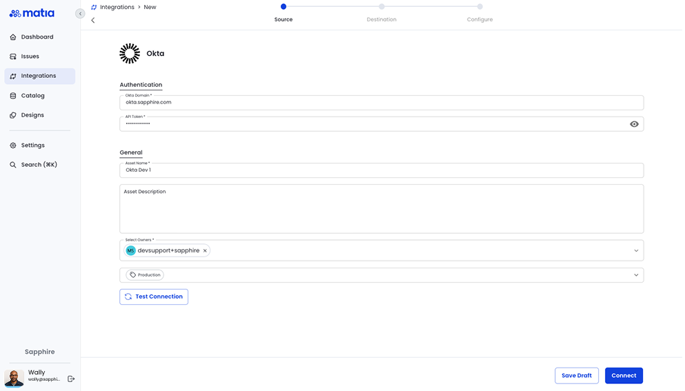 Matia UI showing Okta authentication process