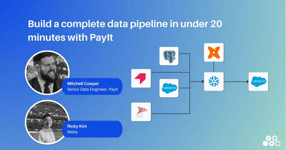 PayIt webinar thumbnail showing Mitchell Cooper and Ricky Kim with data pipeline architecture diagram on blue background.