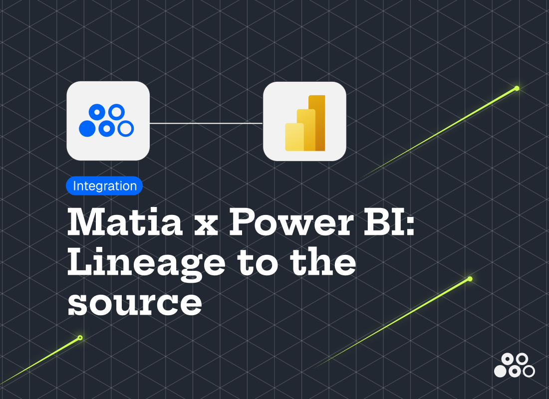 Matia and Power BI logos connected, with headline "Matia x Power BI: Lineage to the source"