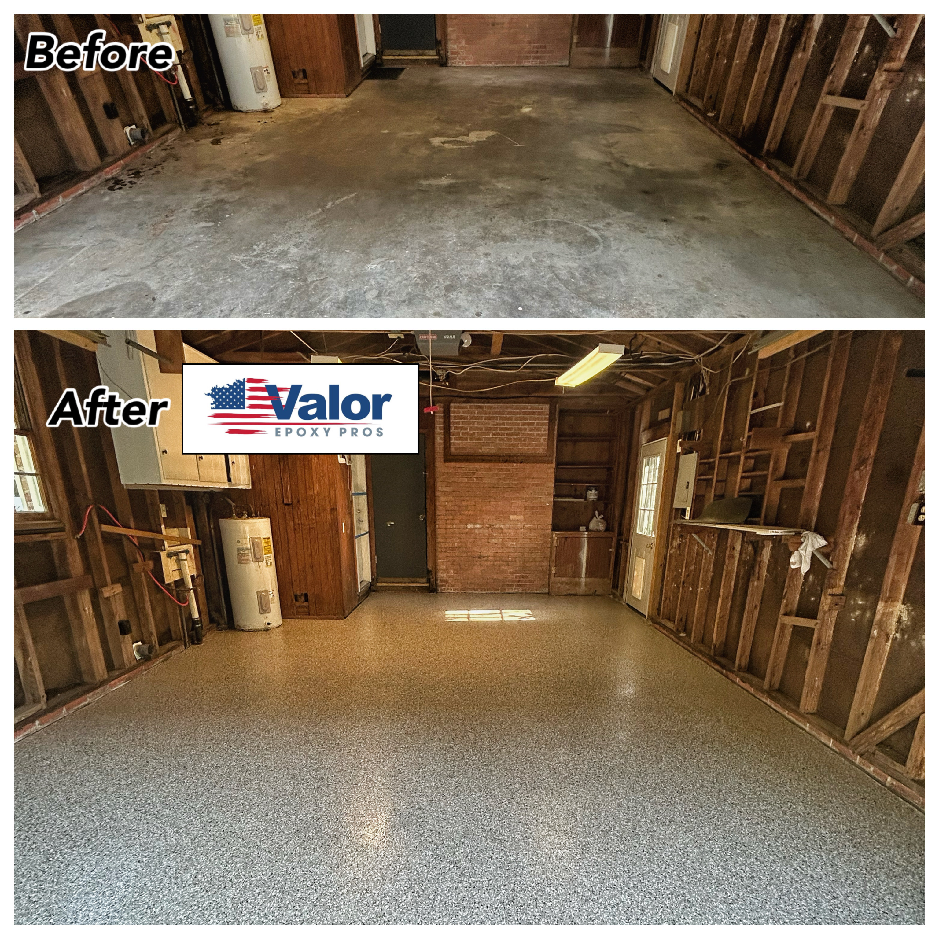 Side-by-side before and after comparison of a garage floor. The top image shows the garage with a stained, unfinished concrete floor, while the bottom image showcases a clean, polished epoxy-coated floor installed by Valor Epoxy Pros, giving the garage a bright and refreshed appearance.