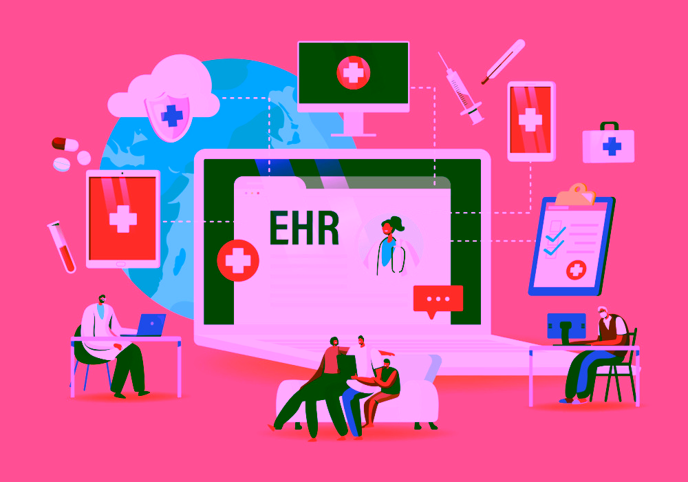 Illustration d'un dossier électronique du patient reliant cabinets et systèmes cliniques