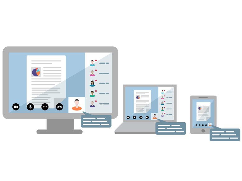 Employees video conferencing at work