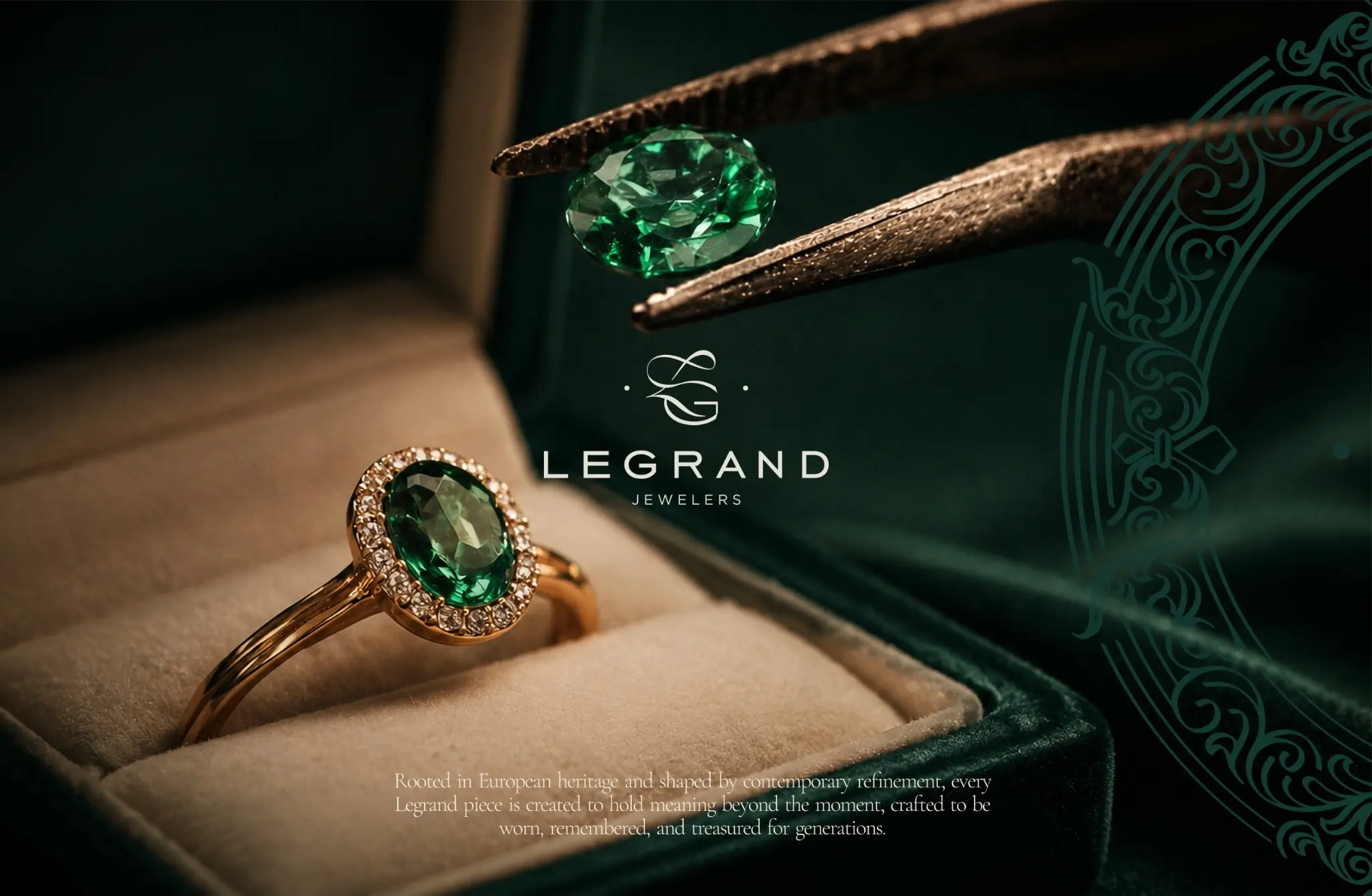 Vizual de campanie LeGrand pentru un inel cu smarald și diamante