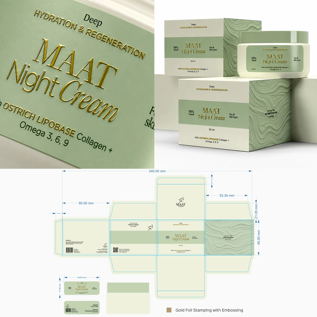 Sistemul de ambalaj MAAT Night Cream și ștanța tehnică pregătită pentru tipar.
