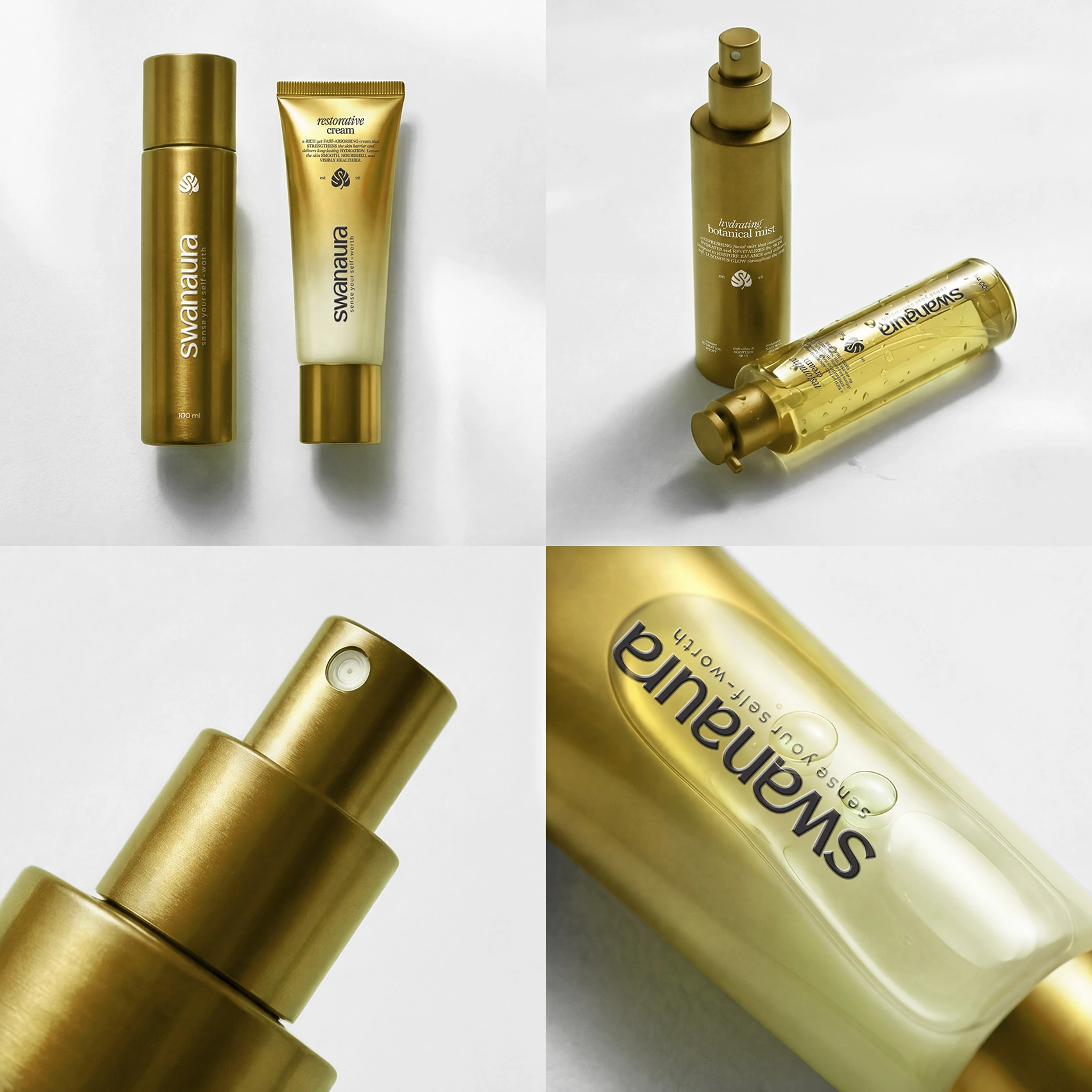 Detaliu al ambalajului Swanaura, cu design minimalist și accente naturale, perfect pentru promovarea unei identități vizuale coerente în industria de beauty