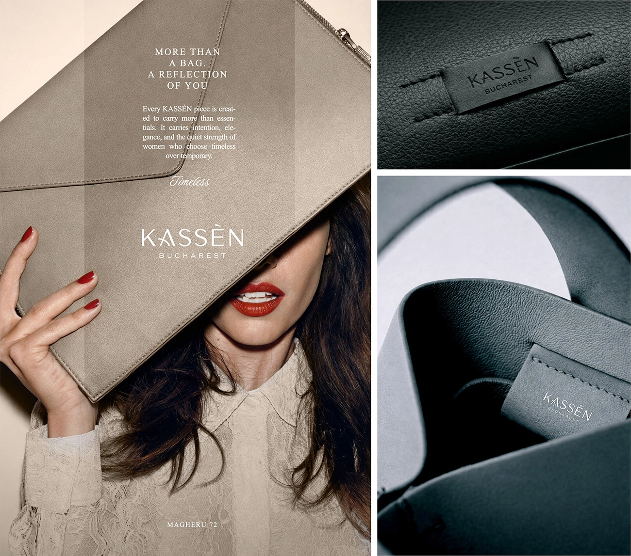 Identitate vizuală premium Kassen pentru genți din piele, branding luxury minimalist