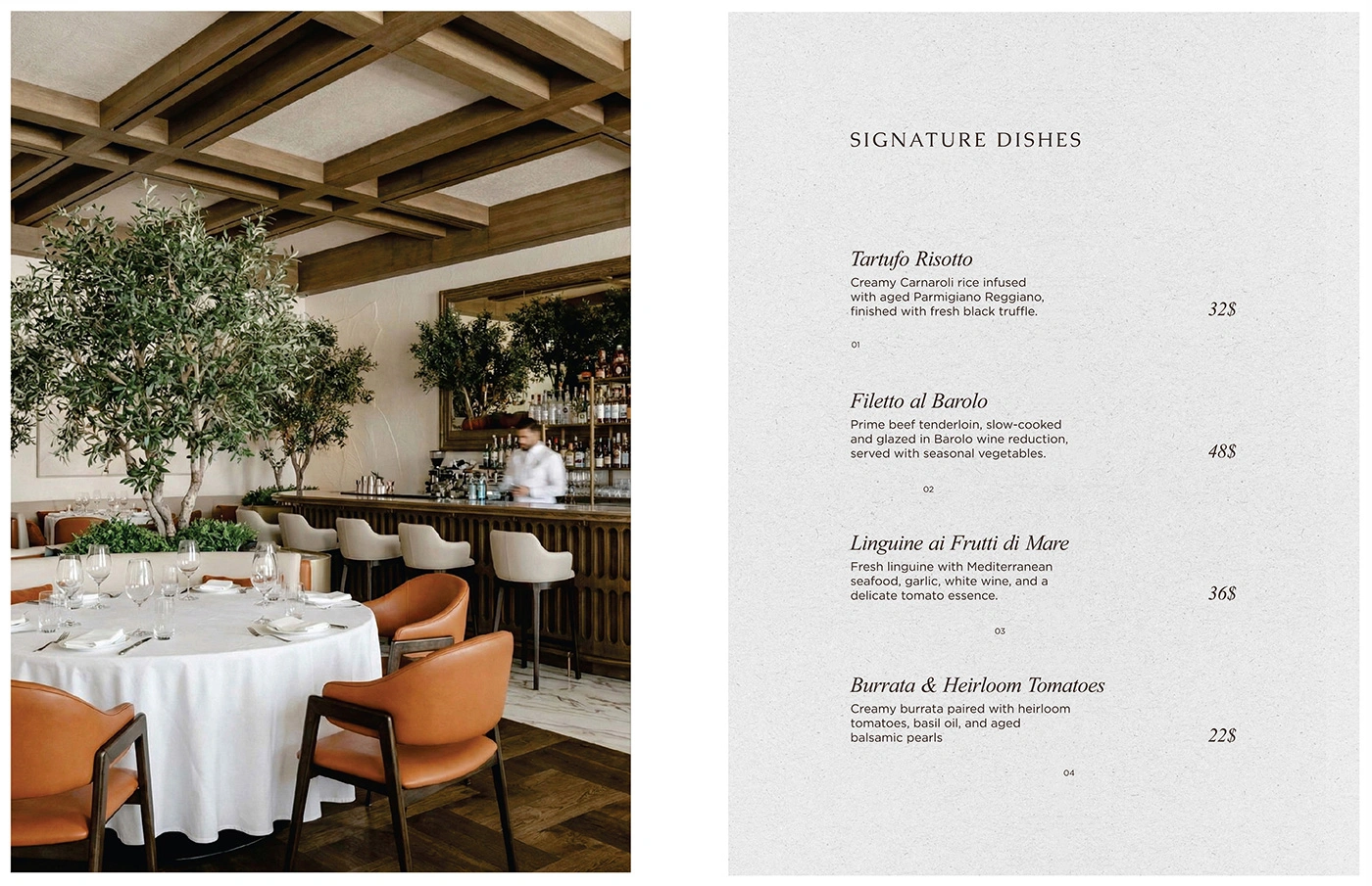 Design meniu fine dining italian cu estetică premium