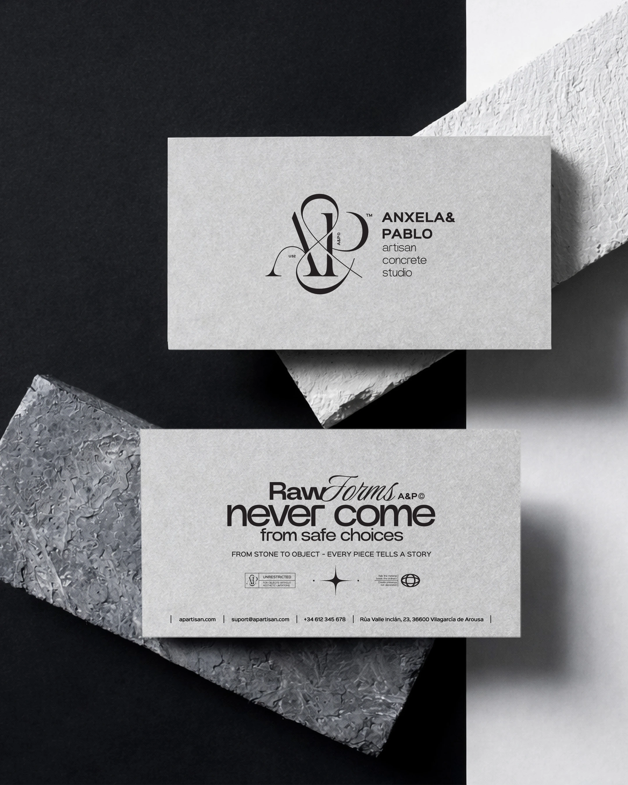Design minimalist de cărți de vizită și materiale branding pentru A&P Artisan.