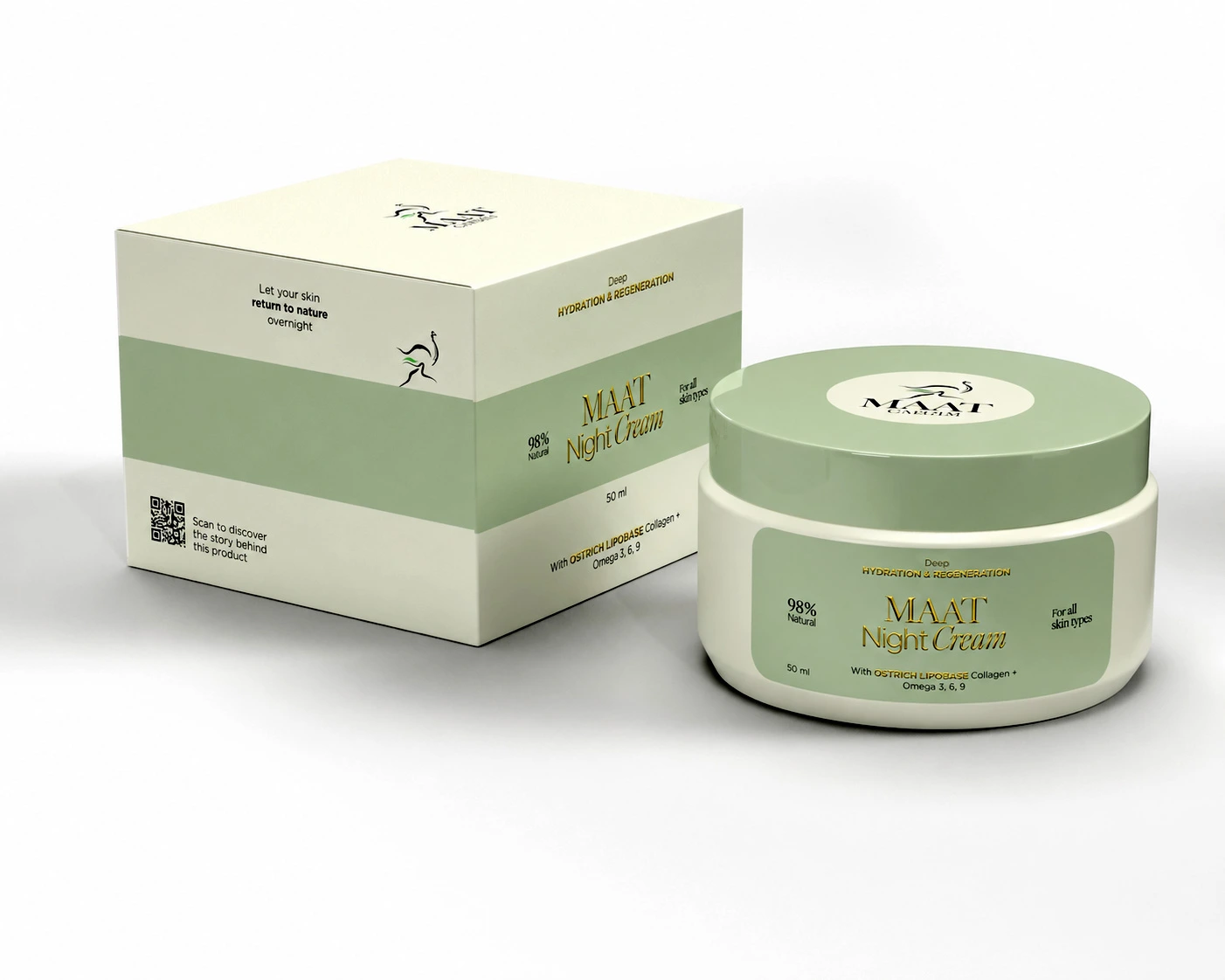 Design premium pentru ambalaj cosmetic MAAT Night Ritual cu finisaje aurii emboss și tonuri naturale sage green.
