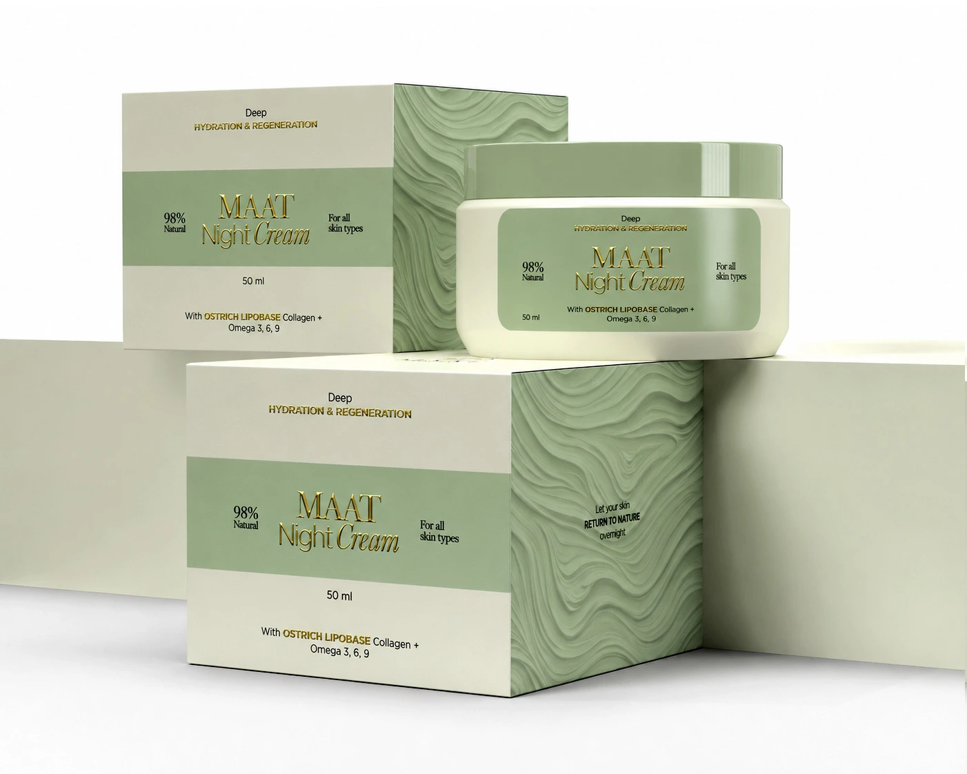 Compoziție minimalistă cu recipiente MAAT Night Cream și tipografie emboss aurie într-un setup premium de skincare.