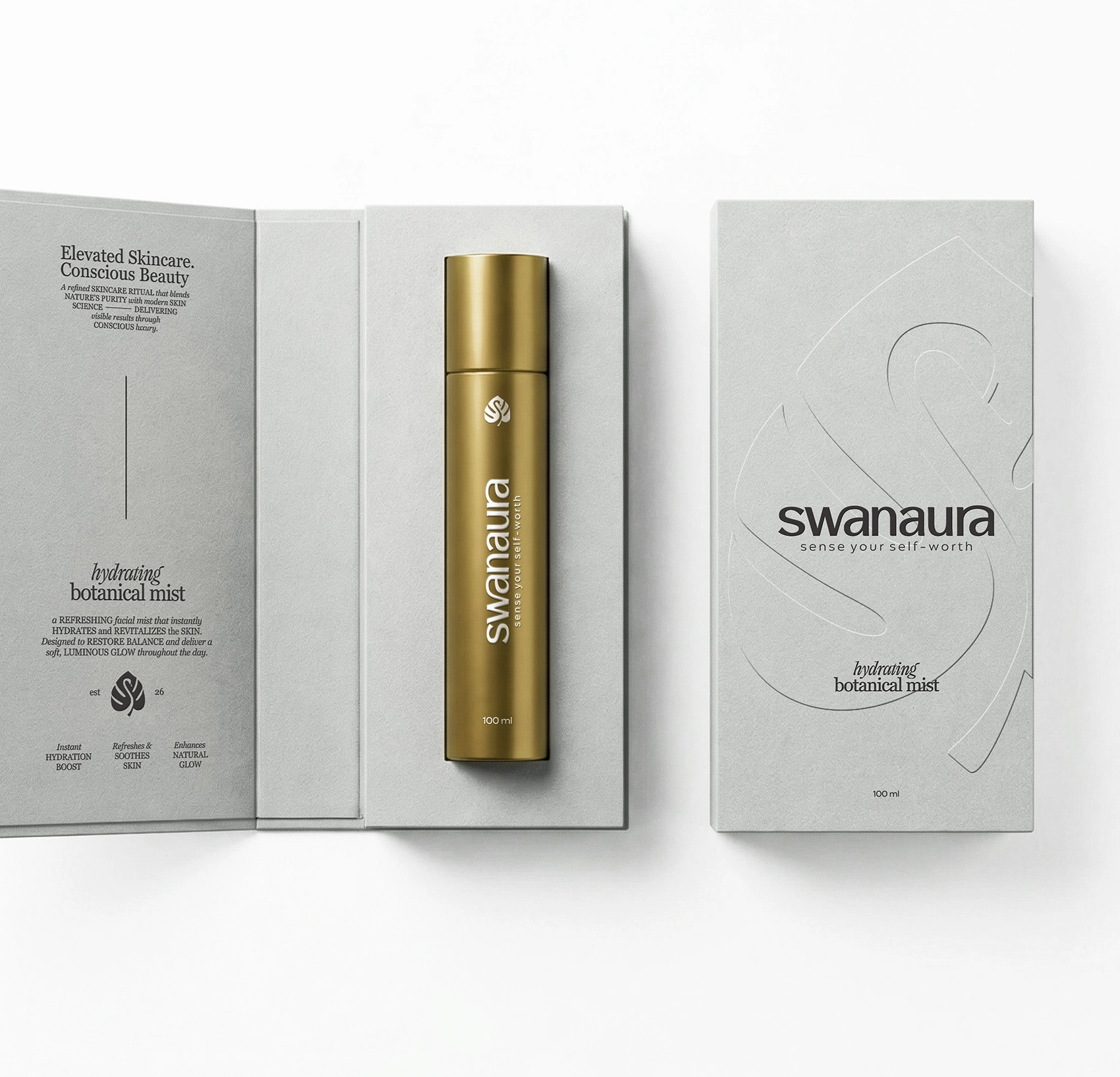 Ambalaj elegant și minimalist pentru produse de îngrijire a pielii, creat de un studio de branding, reflectând frumusețea naturală și rafinamentul cosmeticii moderne