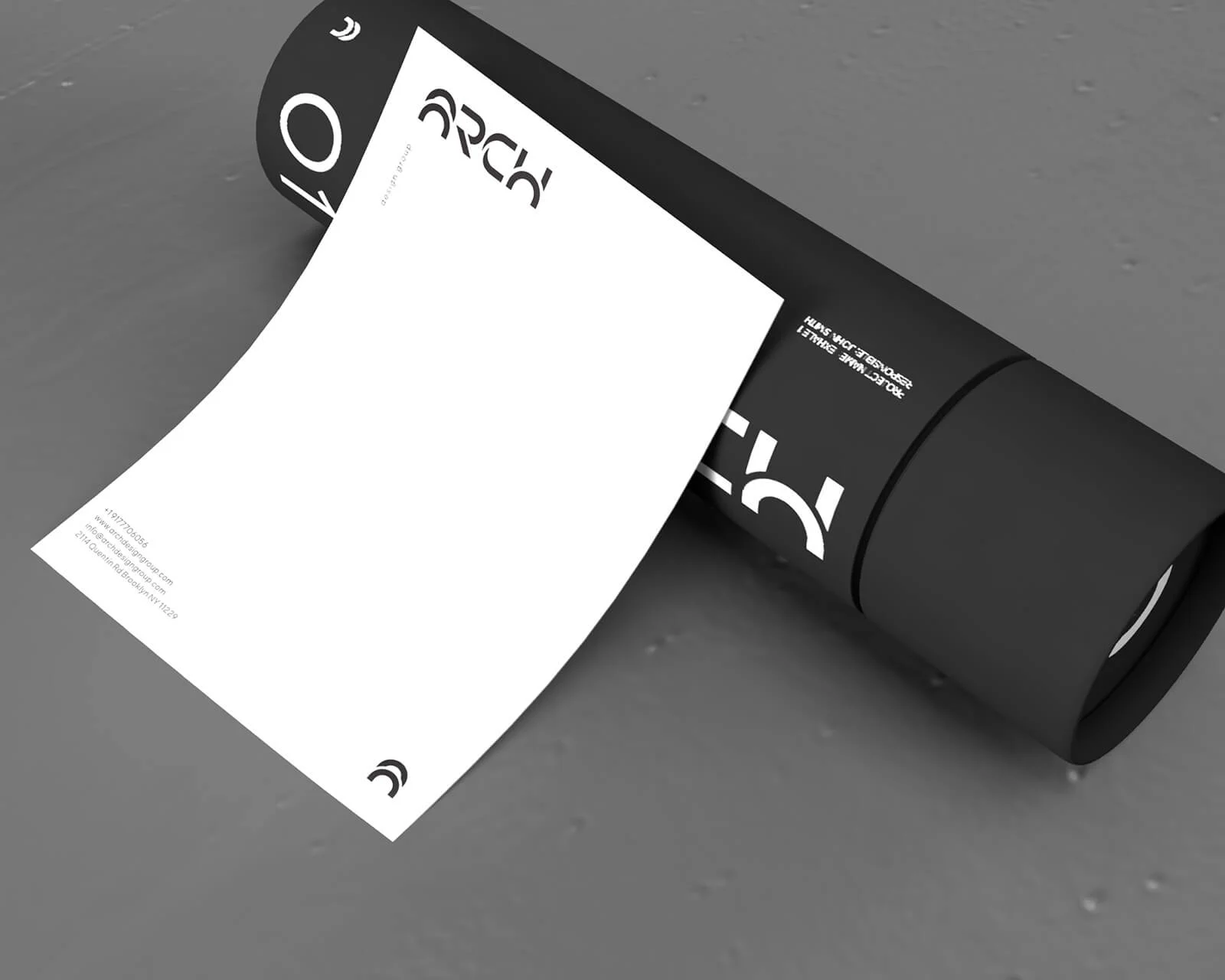 Ambalajul elegant pentru planuri de proiect Arch Studio, combinând funcționalitatea cu estetica modernă și identificarea clară a brandului de arhitectură