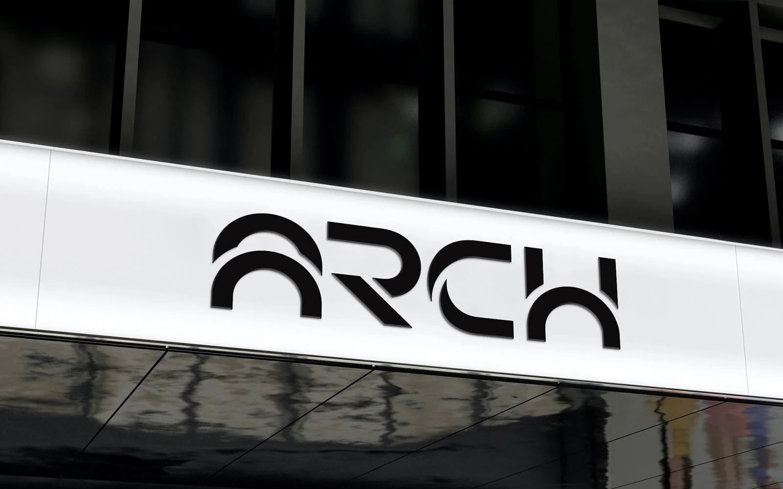 Logo-ul Arch Studio aplicat pe fațada unei clădiri moderne, evidențiind designul minimalistic și valorile brandului de arhitectură și design interior