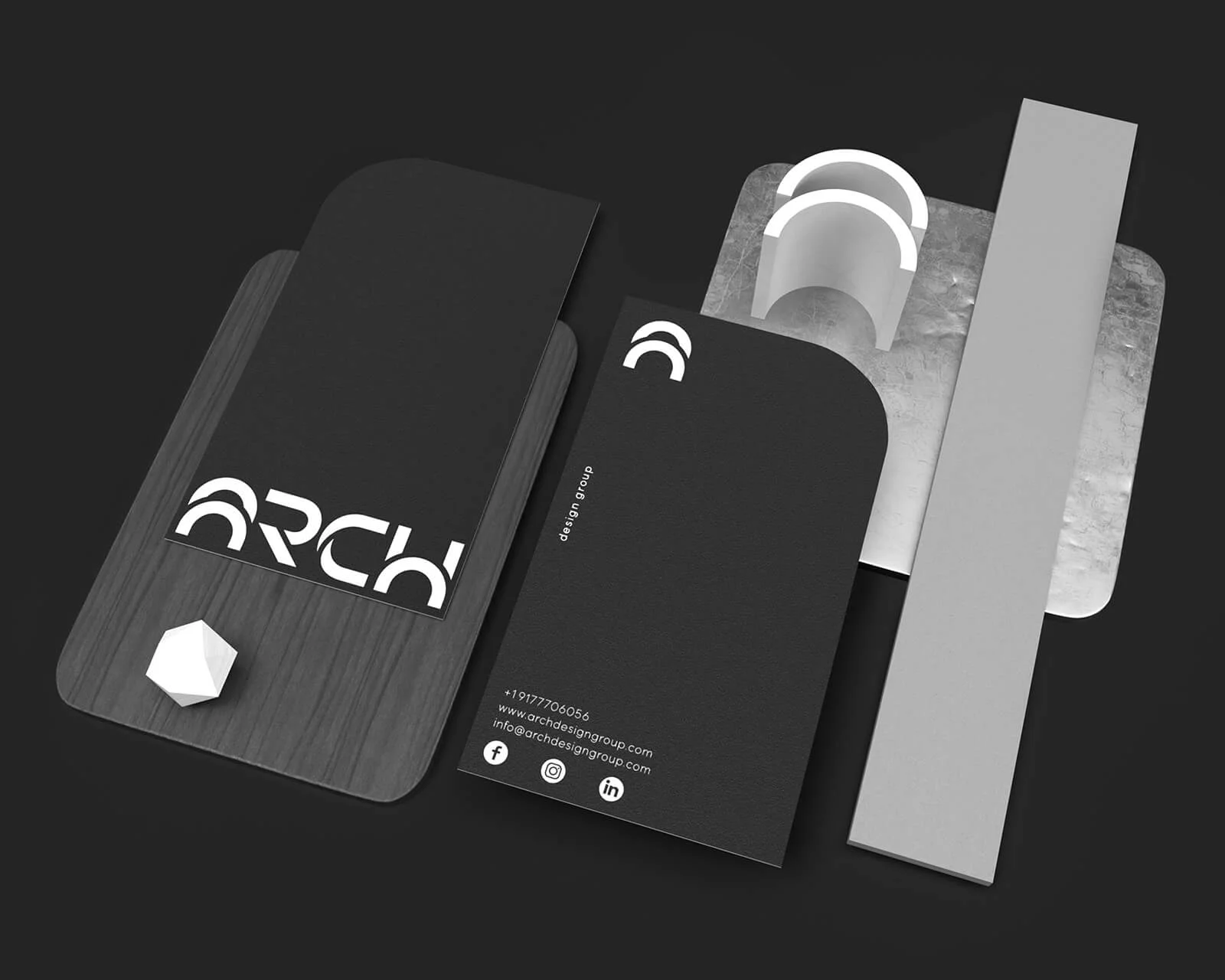 Cărți de vizită personalizate pentru Arch Studio, cu design minimalist și elegant, reflectând identitatea vizuală a unui brand de arhitectură de top.