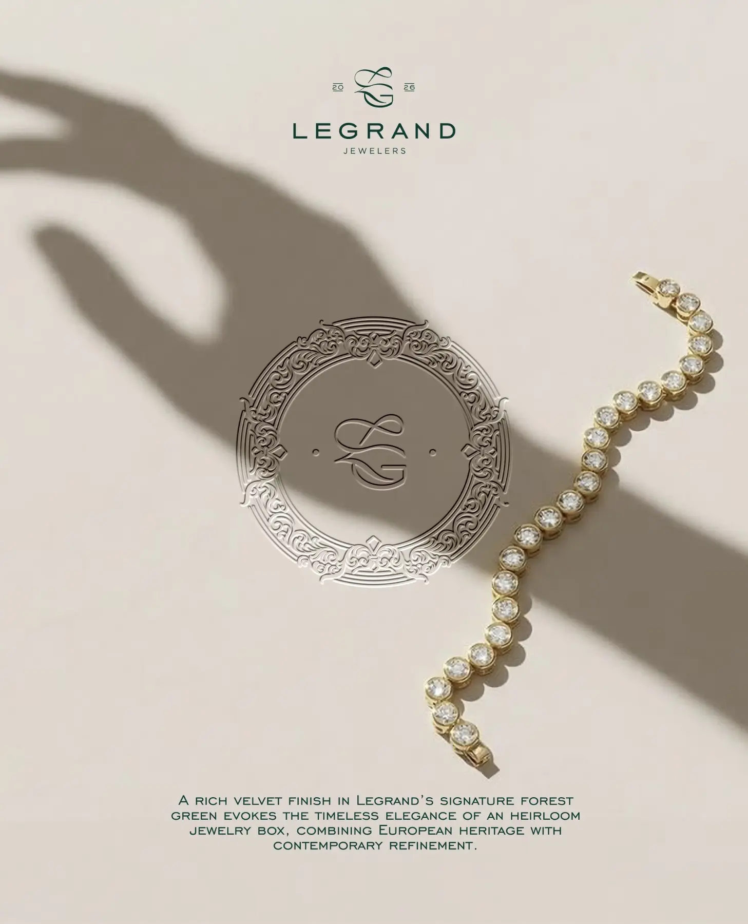 Direcție editorială LeGrand Jewelers cu monogramă, tipografie și bijuterii fine.