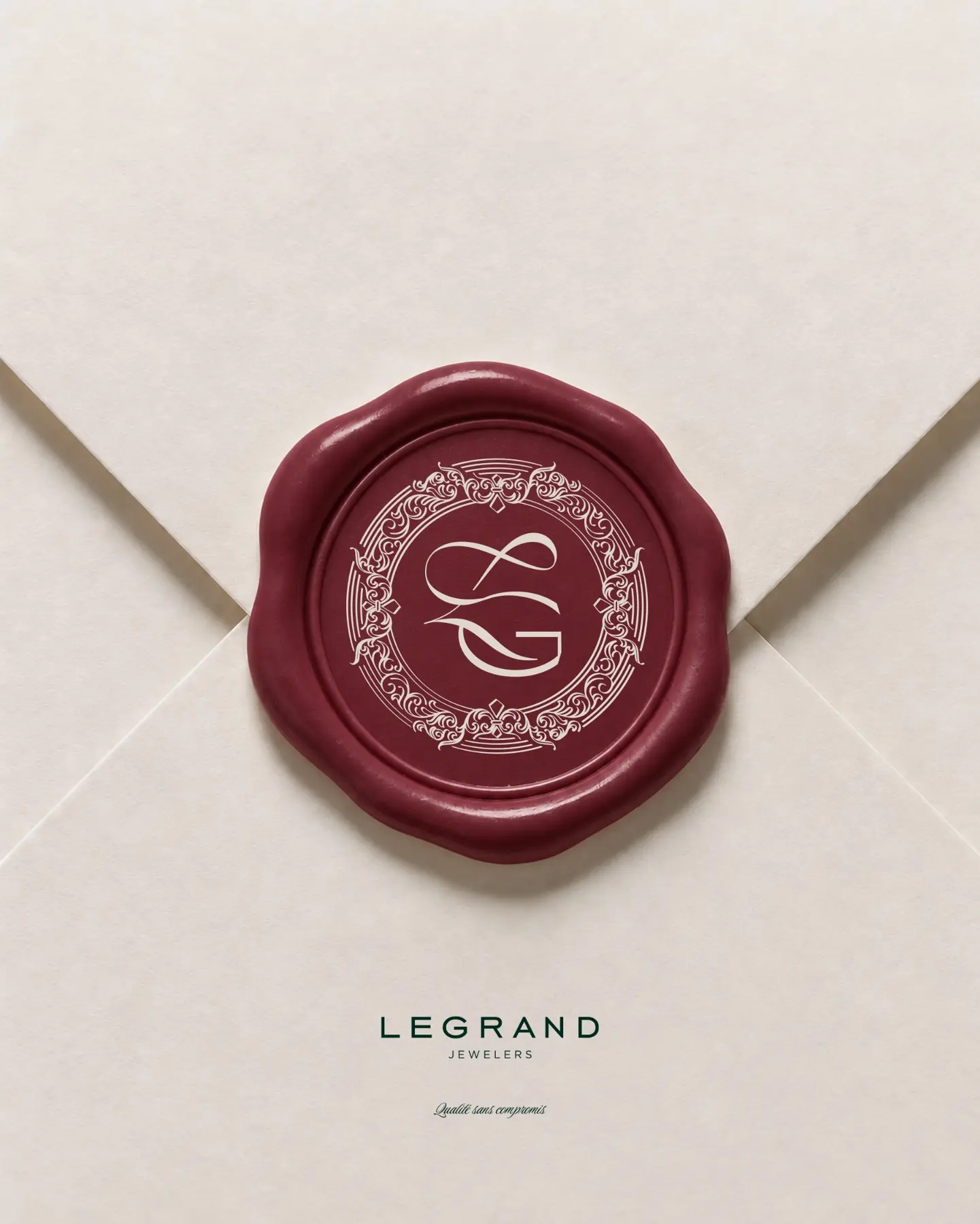 Plic ivory LeGrand Jewelers închis cu sigiliu burgundy și monograma GL.